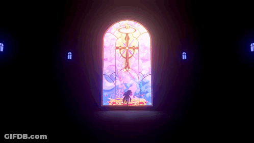 A Stained Glass Window Shows A Man Holding A Cross GIF