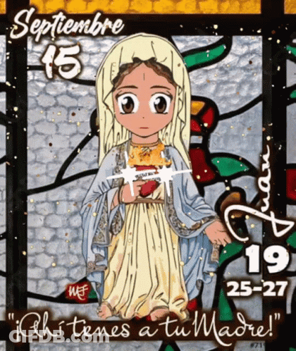A Stained Glass Window With A Cartoon Of Jesus On It GIF