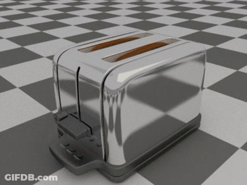 A Stainless Steel Toaster Is Sitting On A Checkered Floor GIF