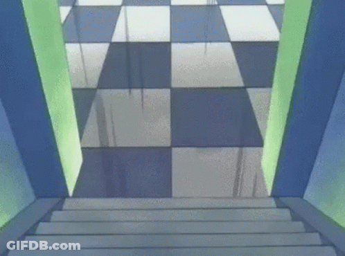 A Staircase Leading Up To A Checkered Floor GIF