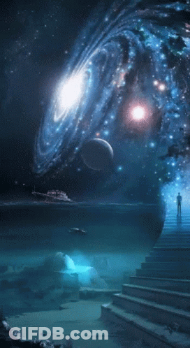 A Staircase Leading Up To A Galaxy With A Planet In The Background GIF