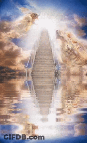 A Staircase Leading Up To Heaven With Angels Flying Overhead GIF
