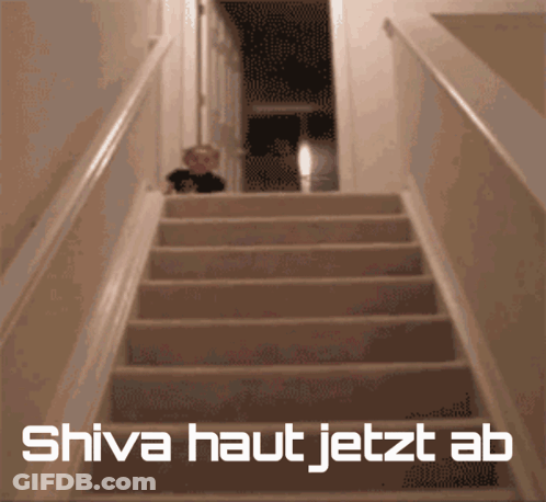 A Staircase With The Words " Shiva Haut Jetzt Ab " On It GIF