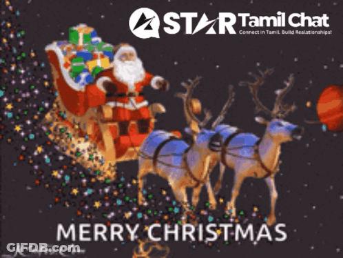 A Star Tamil Chat Christmas Card With Santa In A Sleigh Pulled By Two Reindeer GIF