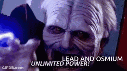 A Star Wars Character Is Holding A Blue Light And Says Lead And Osmium Unlimited Power . GIF
