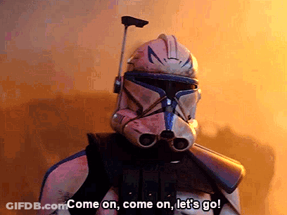 A Star Wars Clone Trooper Says " Come On Come On Let 'S Go " GIF