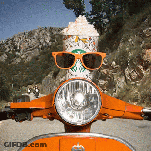 A Starbucks Cup With Whipped Cream Sits On A Scooter GIF