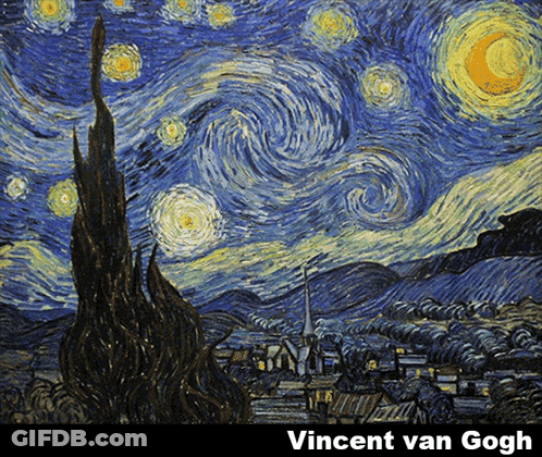 A Starry Night Painting By Vincent Van Gogh With A Crescent Moon GIF