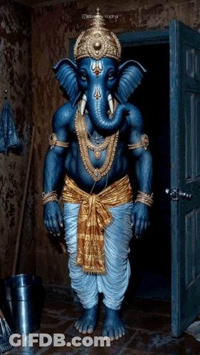 A Statue Of A Blue And Gold Elephant Standing In A Doorway GIF