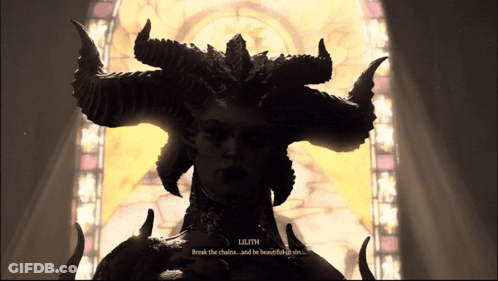 A Statue Of A Demon With Lilith Written In The Bottom Right Corner GIF