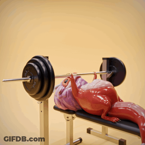 A Statue Of A Dragon Is Lifting A Barbell On A Bench That Says ' Wolf ' On It GIF