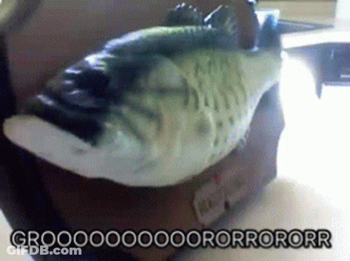 A Statue Of A Fish With The Words Groooooooooorrororr Below It GIF