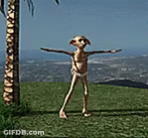 A Statue Of A Frog Is Standing In The Grass With His Arms Outstretched In Front Of A Palm Tree . GIF