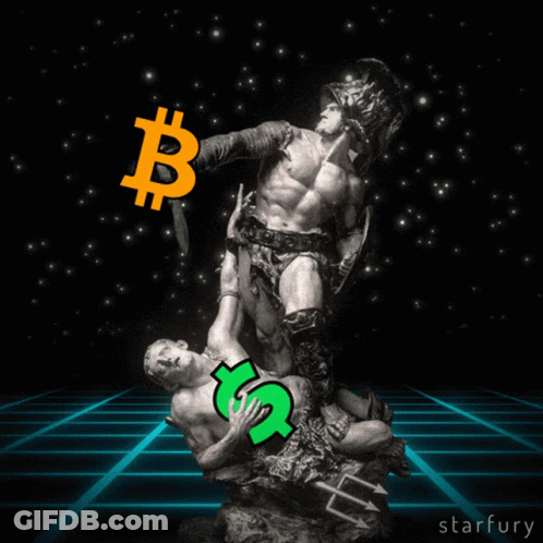 A Statue Of A Gladiator Is Holding A Dollar Sign And A Bitcoin Sign GIF