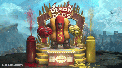 A Statue Of A Hot Dog Standing In Front Of A Sign That Says " Demon Dogs " GIF