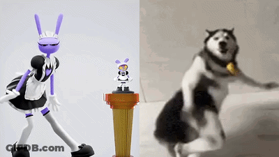A Statue Of A Husky Standing Next To A Maid Figurine GIF