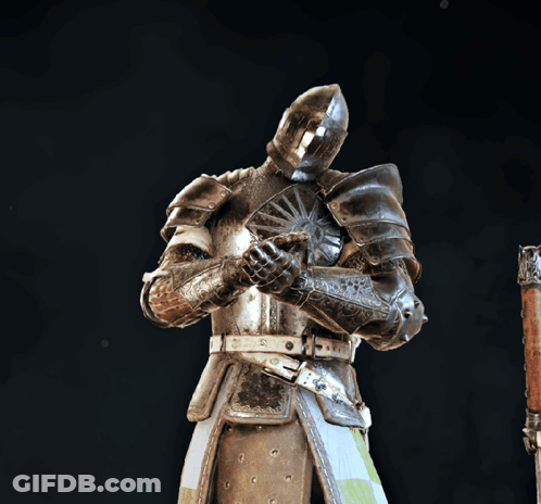 A Statue Of A Knight With A Fan And A Sword GIF