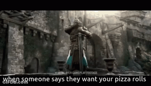 A Statue Of A Knight With A Sword Is Standing In Front Of A Brick Wall . GIF