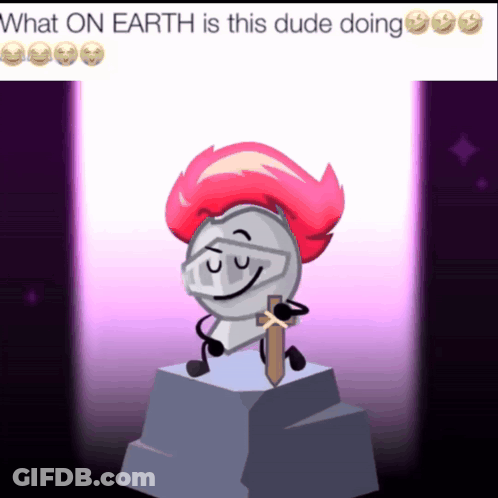 A Statue Of A Knight With Pink Hair And A Sword GIF
