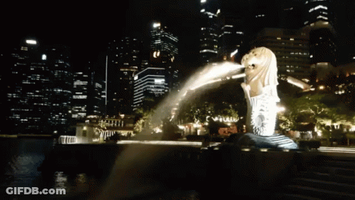 A Statue Of A Lion Is Spraying Water At Night In Front Of A City Skyline GIF