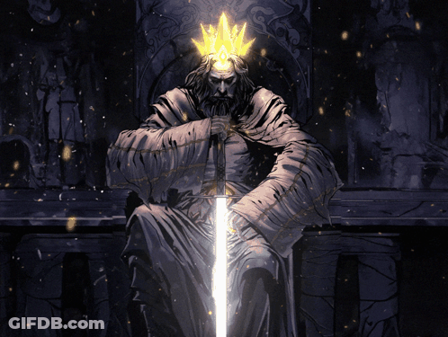 A Statue Of A Man Holding A Sword And A Crown On His Head GIF