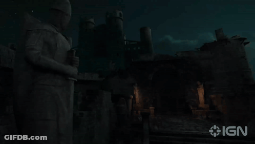 A Statue Of A Man Holding A Sword In Front Of A Castle With Ign On The Bottom GIF