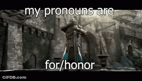 A Statue Of A Man Holding A Sword With The Words `` My Pronouns Are For / Honor '' On It . GIF