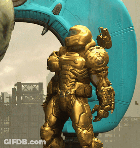 A Statue Of A Man In A Gold Armor With A Helmet That Says ' Doom Eternal ' On It GIF