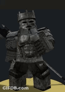 A Statue Of A Man In Armor With A Sword And A Crown . GIF