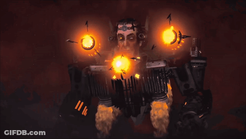 A Statue Of A Man Is Surrounded By Flames And Smoke GIF