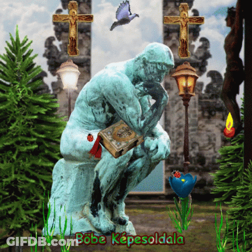 A Statue Of A Man Kneeling Down Holding A Book And The Words Boba Kepesoldala Below It GIF