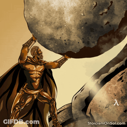 A Statue Of A Man Lifting A Large Rock With The Website Stoicismonsol.com Written Below It GIF