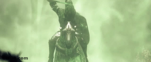 A Statue Of A Man Riding A Horse In A Green Foggy Area . GIF