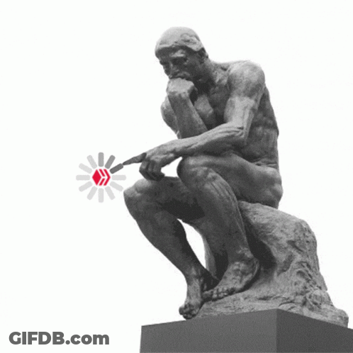 A Statue Of A Man Sitting On A Rock With A Red Arrow Pointing At Him GIF