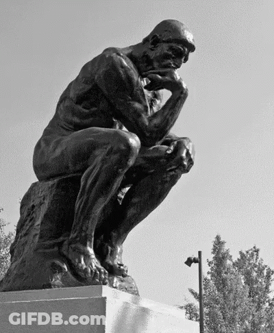 A Statue Of A Man Sitting On A Rock With His Hand On His Chin GIF
