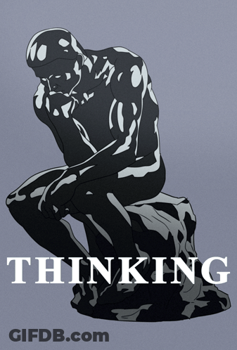 A Statue Of A Man Sitting On A Rock With The Word Thinking Underneath It GIF
