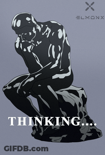 A Statue Of A Man Sitting On A Rock With The Word Thinking Written Below It GIF