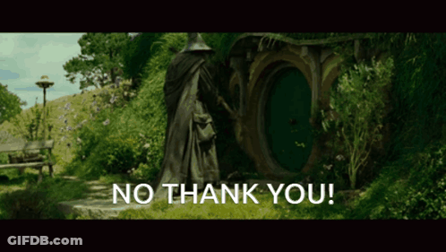 A Statue Of A Man Standing In Front Of A House With The Words " No Thank You " Below It GIF
