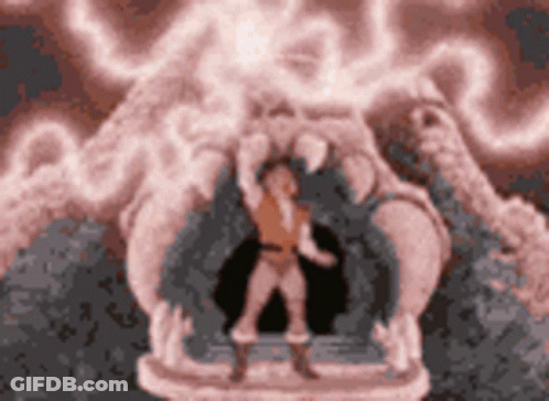 A Statue Of A Man Standing In Front Of A Monster GIF