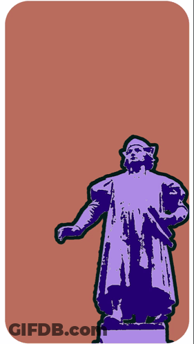A Statue Of A Man Stands In Front Of A Sign That Says Nousoles GIF