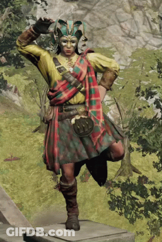 A Statue Of A Man Wearing A Kilt And A Jester Mask GIF