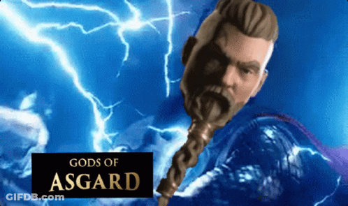 Bearded Man Statue With Gods Of Asgard Text GIF