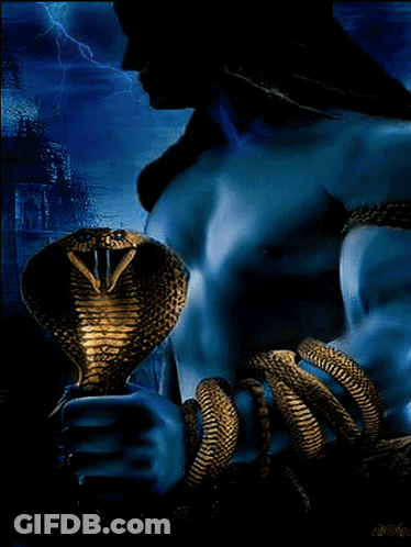 A Statue Of A Man With A Snake In His Hand GIF
