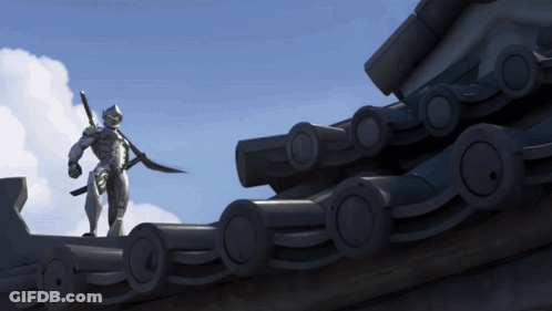 A Statue Of A Man With A Sword Standing On Top Of A Roof GIF