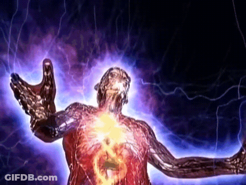 A Statue Of A Man With His Arms Outstretched And A Lightning Bolt Behind Him GIF