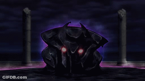 A Statue Of A Monster With Red Eyes Is Surrounded By Columns GIF