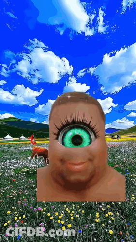A Statue Of A Person With A Green Eye In A Field GIF