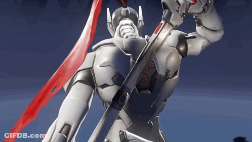 A Statue Of A Robot With A Sword And A Red Tail GIF