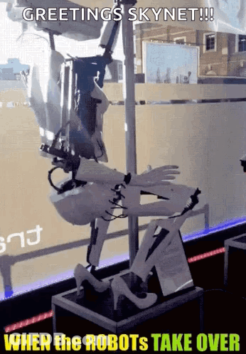A Statue Of A Robot With Greetings Skynet Written On It GIF