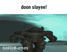 A Statue Of A Robot With The Words Doon Slayee On It GIF